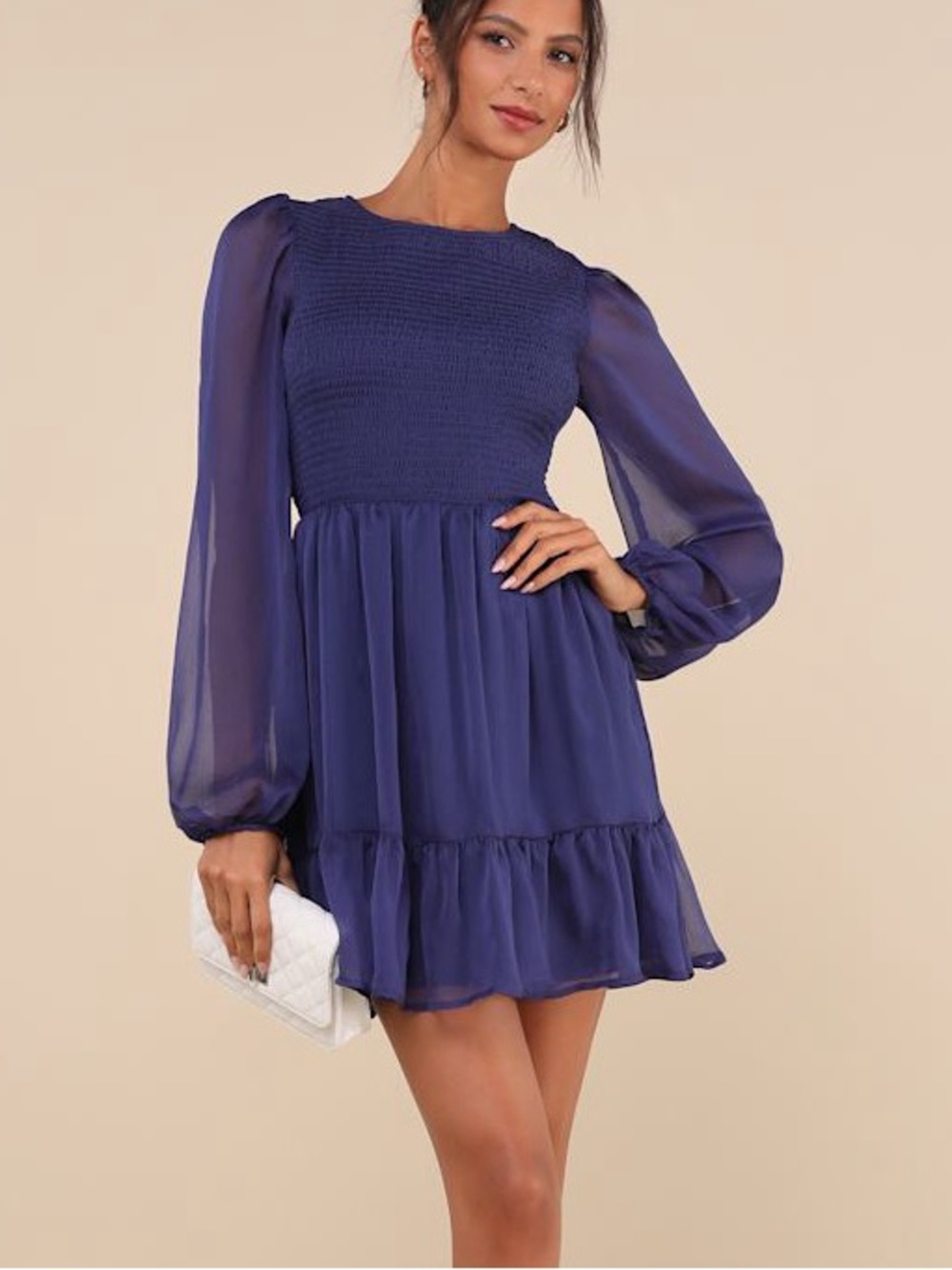 NWT Lulus Simply the Sweetest Dark Blue Long Sleeve Smocked Mini Dress